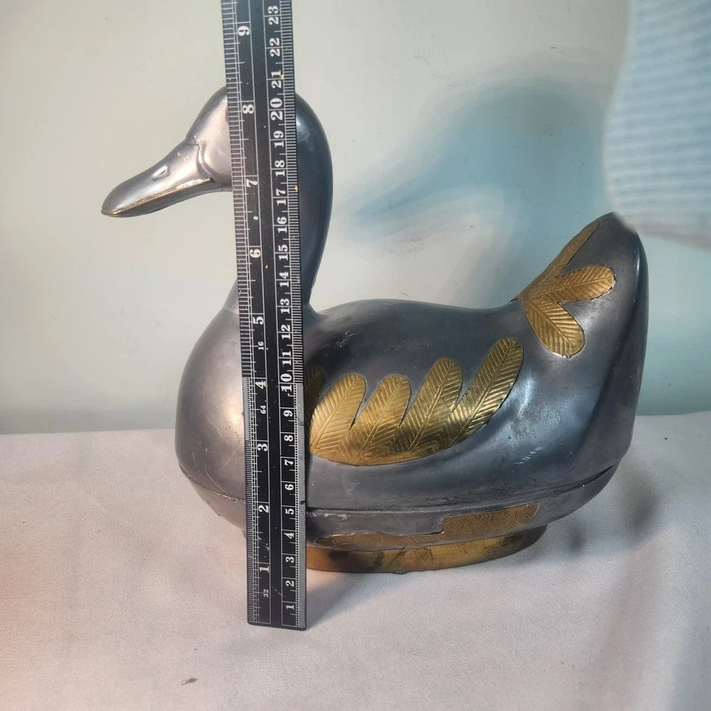 Vintage Pewter & Brass Duck Trinket Box • Lidded Metal Bird Sculpture • Boho